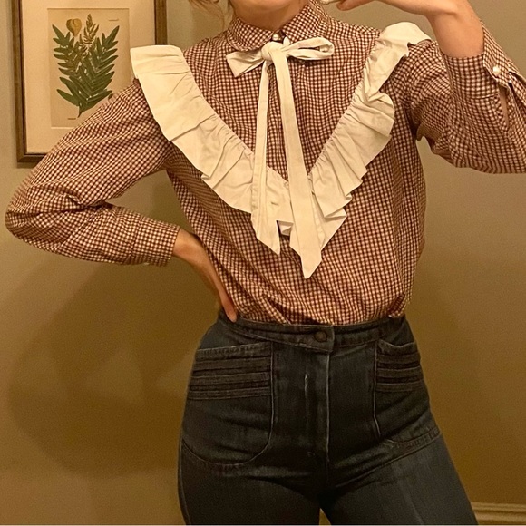 Batsheva | Carol Bow Blouse | Burgandy & White Gingham - Picture 2 of 2